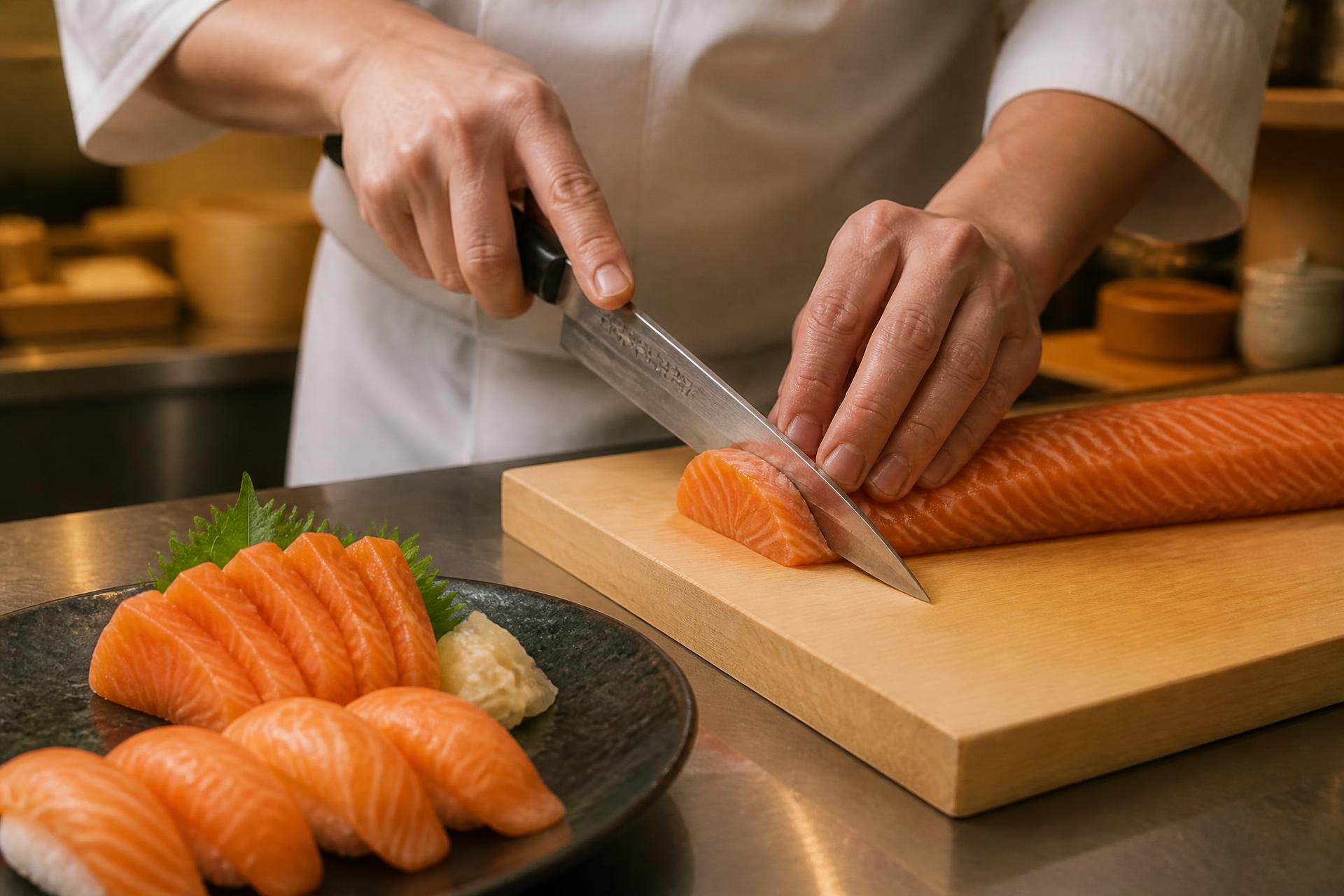 Sushikock som flamberar färsk lax bakom disken på Misora Sushi